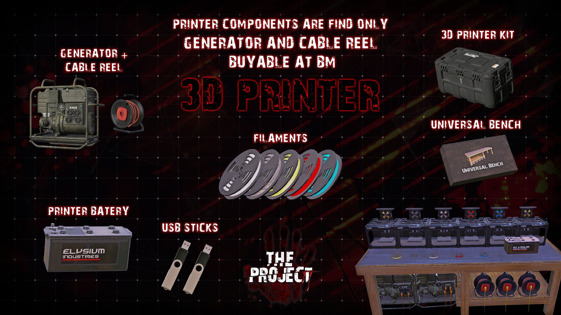 Printer parts: kit, generator, cable reel, filaments, battery and USB sticks