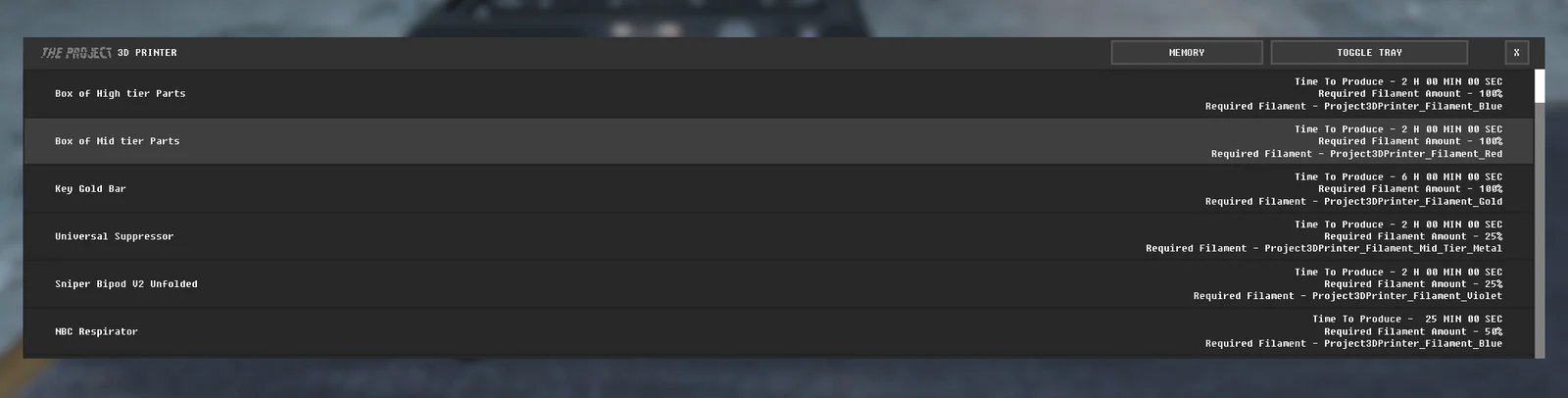 The printer menu: recipes with print time, filament amount and filament colour