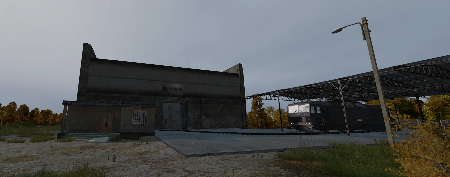The Elysium station: the door into the building and the train outside