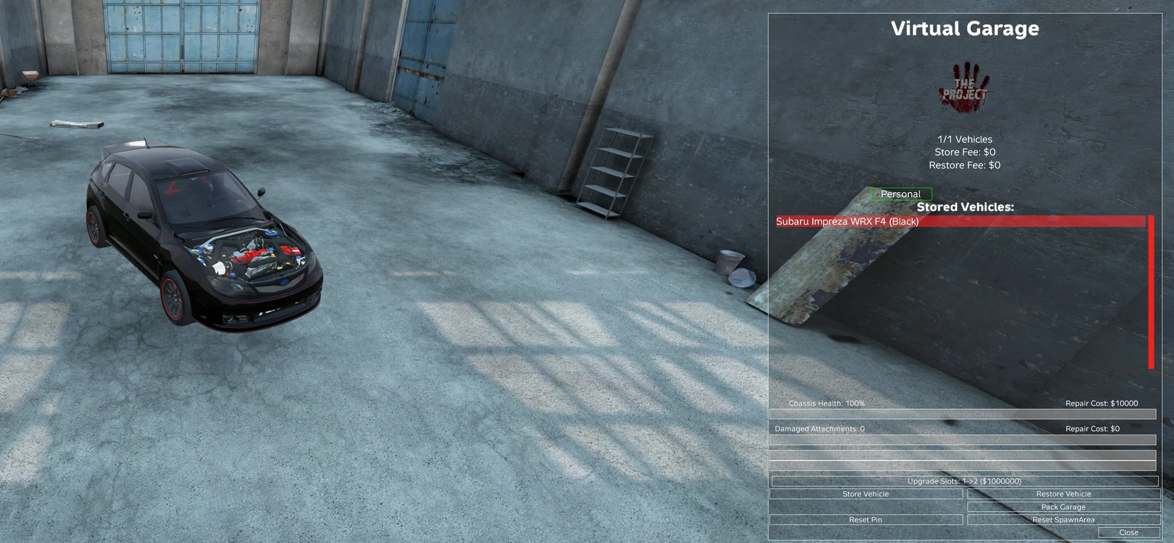 The virtual garage: stored vehicles, fees, repairs, slot upgrade and spawn area